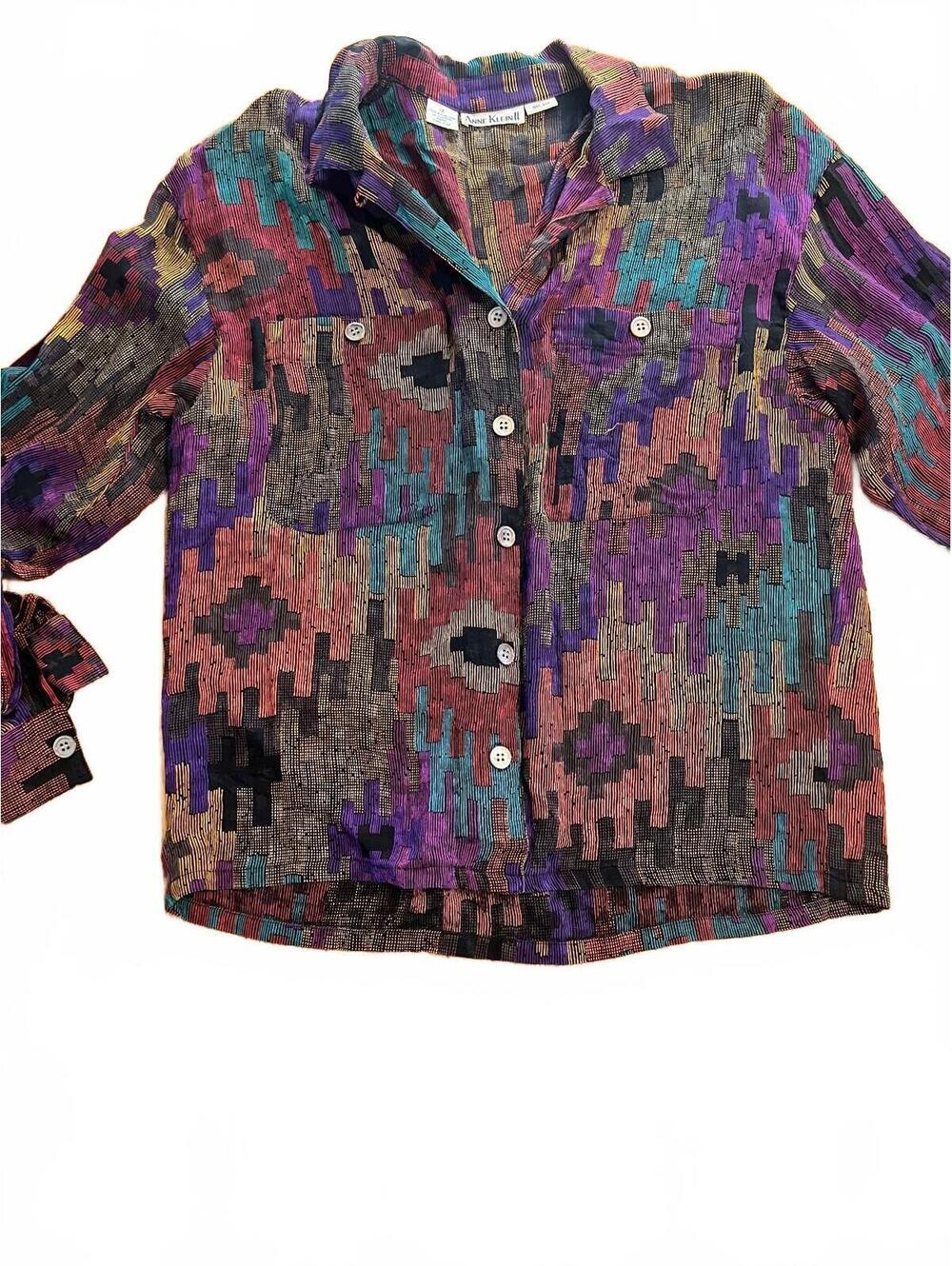 Vintage Anne Klein II Multicolor Geometric Silk Button-Up Blouse Size 12